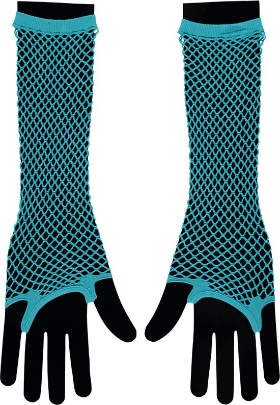 Apollo - Visnet handschoenen - Lange handschoenen - Turquoise - One Size - Kanten handschoenen - Neon verkleedkleding - Feestkleding - Carnaval