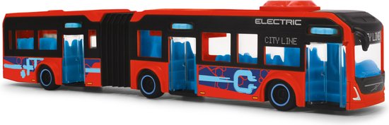 Rode gelede stadsbus met blauwe interieur en deuren die openstaan.