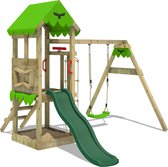FATMOOSE speeltoestel klimtoestel FriendlyFrenzy Fun XXL met schommel & groene glijbaan, outdoor speeltoestel voor kinderen met zandbak, ladder voor de tuin