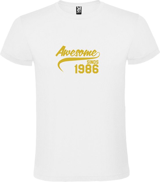 Wit T-Shirt met “Awesome sinds 1986 “ Afbeelding Goud Size M