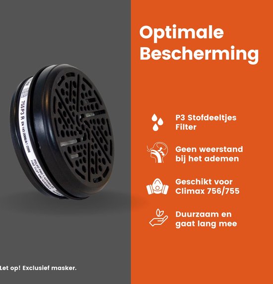 Zwart rond P3 stofdeeltjesfilter met gaasdetail. Rechts: iconen voor filtertype, ademhalingsweerstand, compatibiliteit en duurzaamheid.