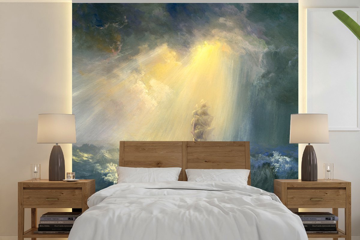 Behang - Fotobehang Illustratie van een zeilschip verlicht door de zon - Breedte 220 cm x hoogte 220 cm