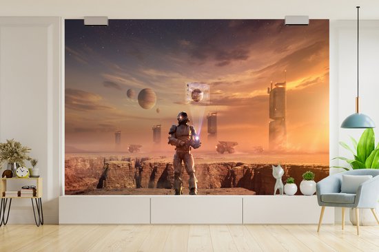 Papier peint photo peint vinyle - Un astronaute sur Mars largeur 420 cm x hauteur 280 cm - Tirage photo sur papier peint (disponible en 7 tailles)