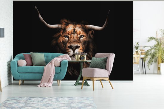 Behang - Fotobehang Leeuw - Hoorn - Zwart - Breedte 390 cm x hoogte 260 cm