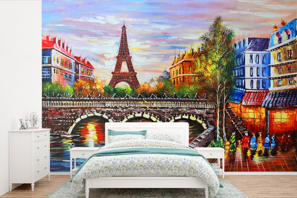 Behang - Fotobehang Schilderij - Olieverf - Eiffeltoren - Parijs - Water - Breedte 600 cm x hoogte 400 cm