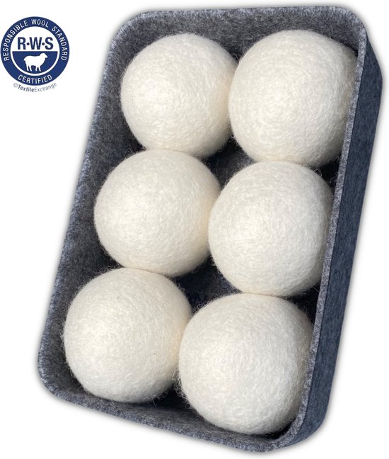 ANATURES Wollen XL Drogerballen 6 stuks in opbergmand – Herbruikbare Droogballen Wasdroger – Nieuw Zeelands RWS Schaapswol - Wasdrogerballen Duurzaam – Natuurlijke Wasverzachter