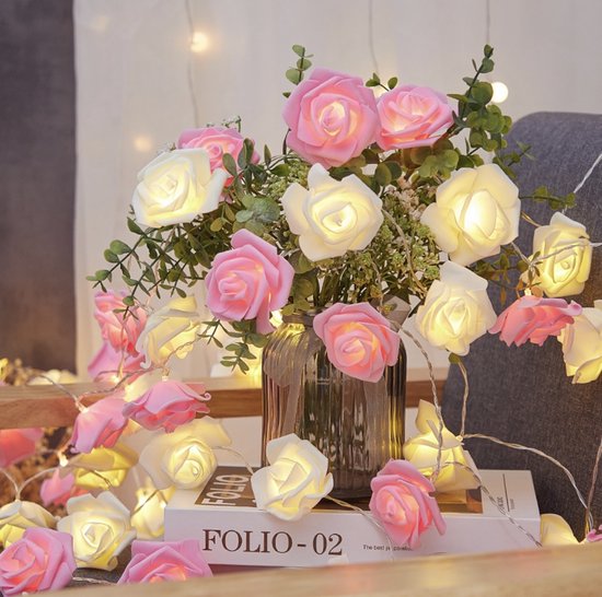Guirlande lumineuse led roses - Fleurs - 3 mètres - 20 lumières - Guirlande de roses - Wit et rose - Mariage, Baby shower ou st valentin - Avec télécommande