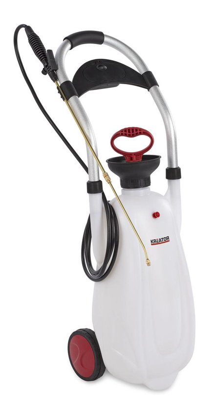 Witte drukpomp met zilverkleurige handgrepen, rode pomphendel en spuitlans.