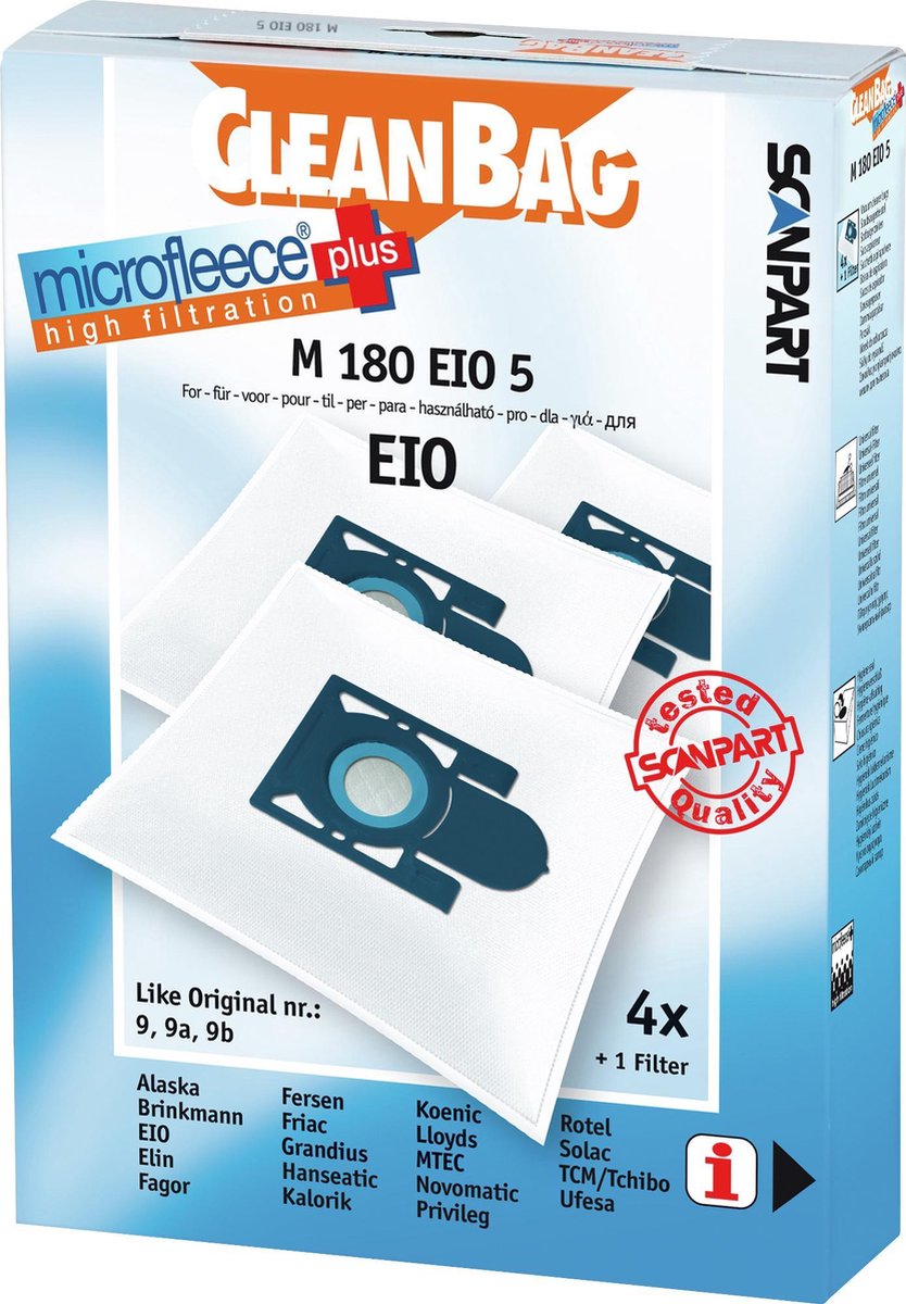 CleanBag stofzuigerzakken 4 stuks - Geschikt voor EIO - Nr 9 9a 9b 14 26 - Inclusief 1 filter - Alternatief
