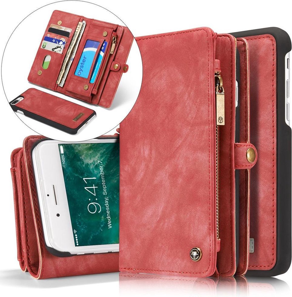CASEME iPhone 7 Plus Pasjeshouders Portemonnee 2-in-1 Hardcase Vintage Split Leren Cover - Rood