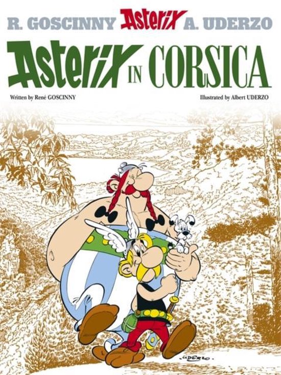 De cover van het Asterix stripboek 'Asterix in Corsica', met Asterix en Obelix op de voorgrond.
