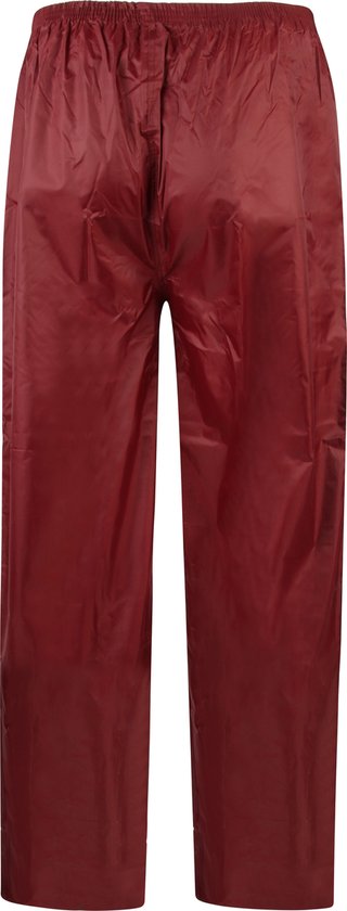 Donkerrode regenbroek, achterkant, met elastische tailleband.