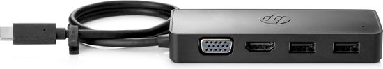 Zwarte HP USB-C reisadapter met VGA, HDMI en twee USB-A poorten, bekeken vanuit een hoek.