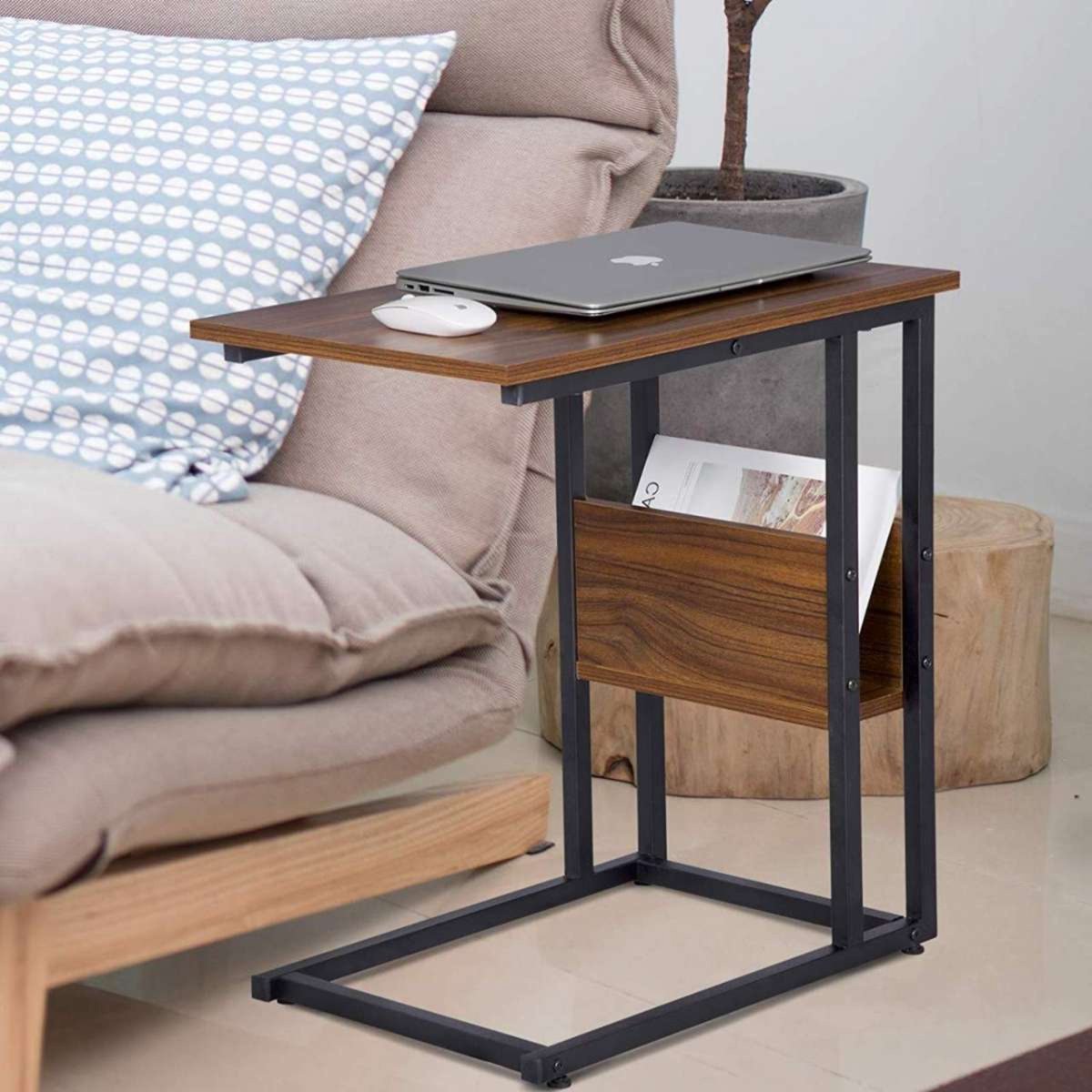 ZGSYH C-vormige bijzettafel, nieuwe in hoogte verstelbare C-vormige bijzettafel, 360° draaibaar en opklapbaar C-vormige laptopstandaard salontafel for bank/bed/badkuip(Black Walnut