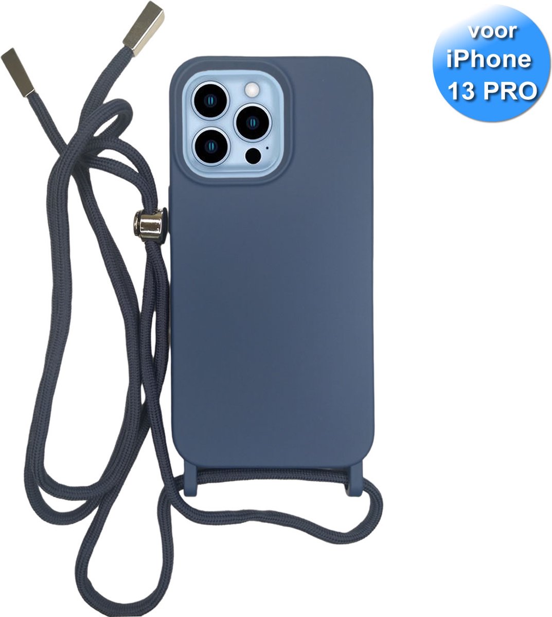 Hoesje met Koord geschikt voor de iPhone 13 Pro - Telefoonhoesje met koord - Siliconen Back Cover - Staal Blauw