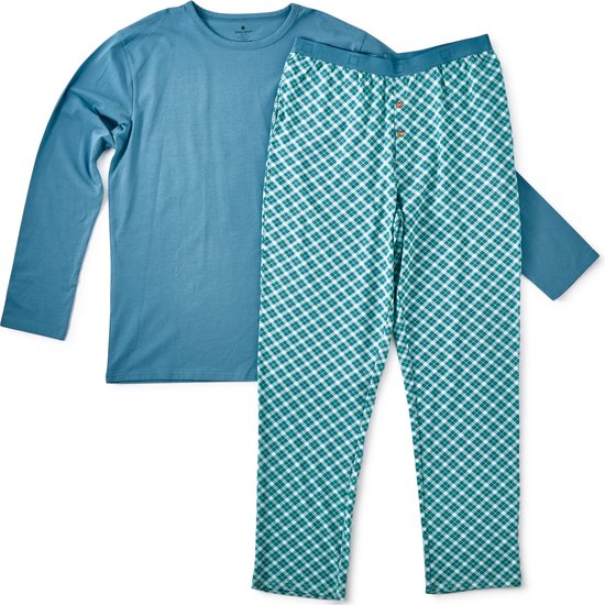 Little Label Pyjama Heren Maat S/46 - blauw, groen - Geruit - Herenpyjama - Zachte BIO Katoen