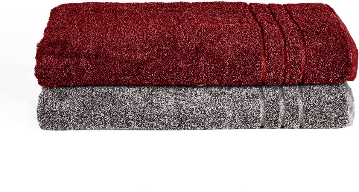 Komfortec Set van 2 Handdoeken 70x200 cm, 100% Katoen, XXL Saunahanddoeken, Saunahanddoek Zacht, Grote badstof, Sneldrogend,Antracietgrijs&Rood