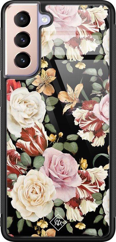 Coque Samsung Galaxy S21 en verre - Fleurs flower power - Multi - Coque rigide Zwart - Coque arrière pour téléphone - Fleurs - Casimoda