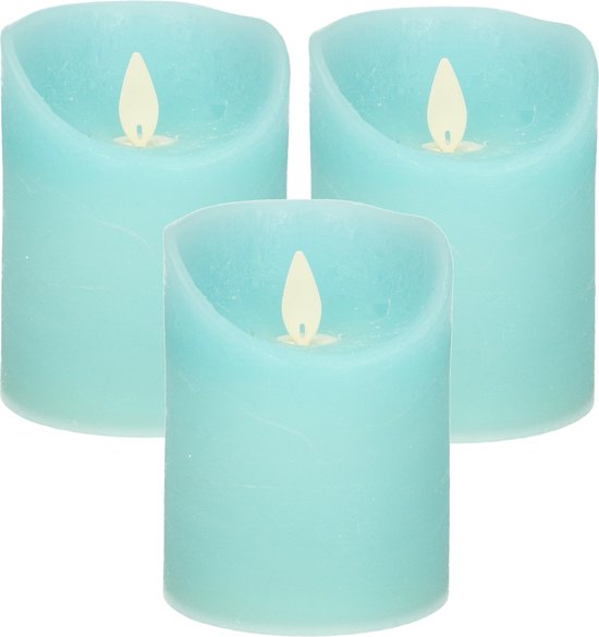 3x Bougies LED bleu Aqua / bougies pilier 10 cm - Bougies de Luxe à piles avec flamme mobile
