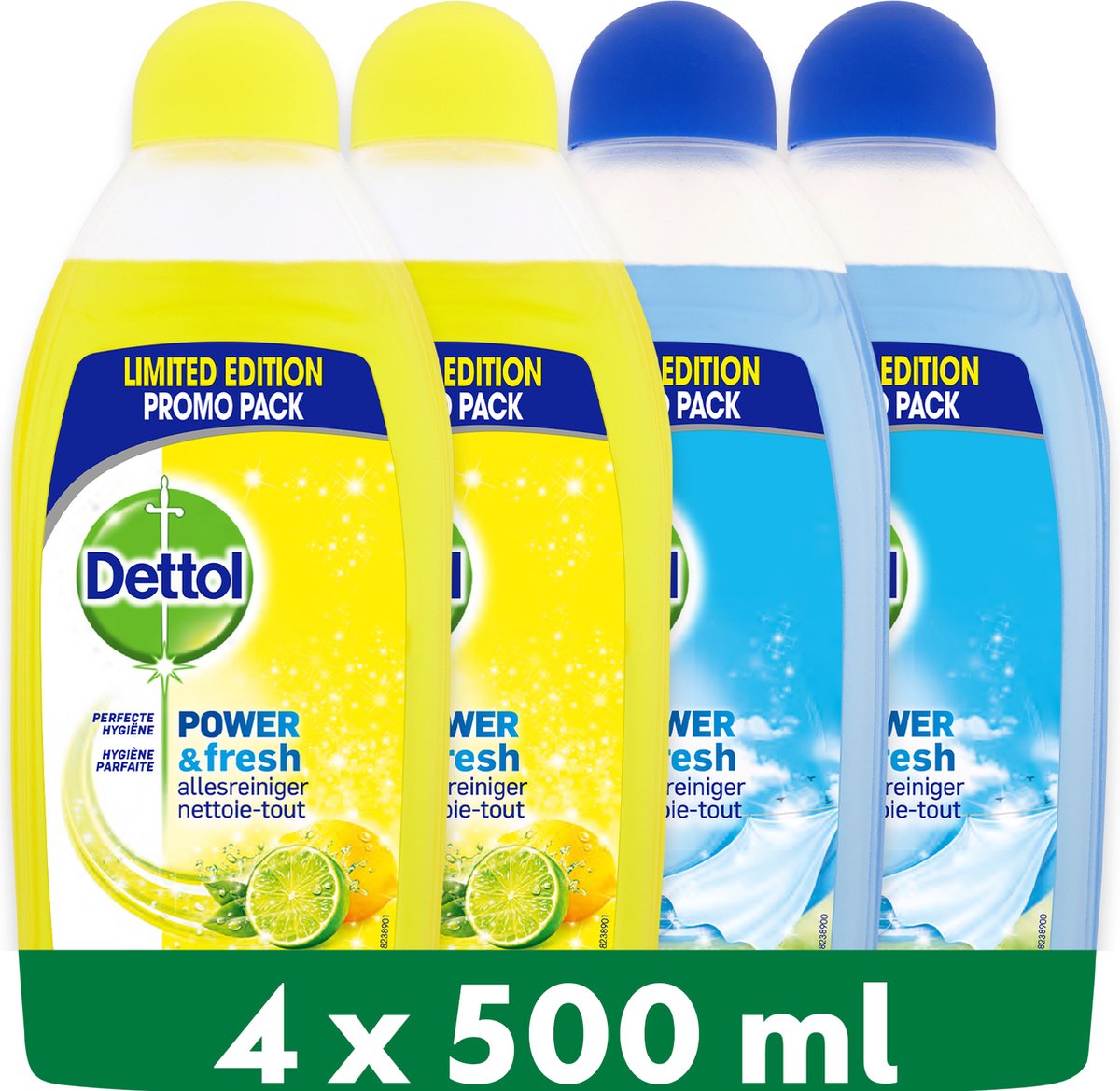 Dettol - 2L Allesreiniger Power & Fresh - Citrus 1x500ml - Katoenfris 1x500ml - Voordeelverpakking