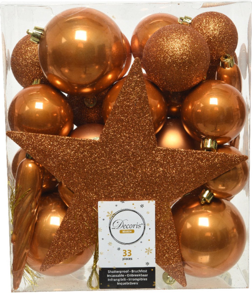 Identificeren stijl tieners 33x stuks kunststof kerstballen 5, 6 en 8 cm cognac bruin inclusief ster  piek en... | bol.com