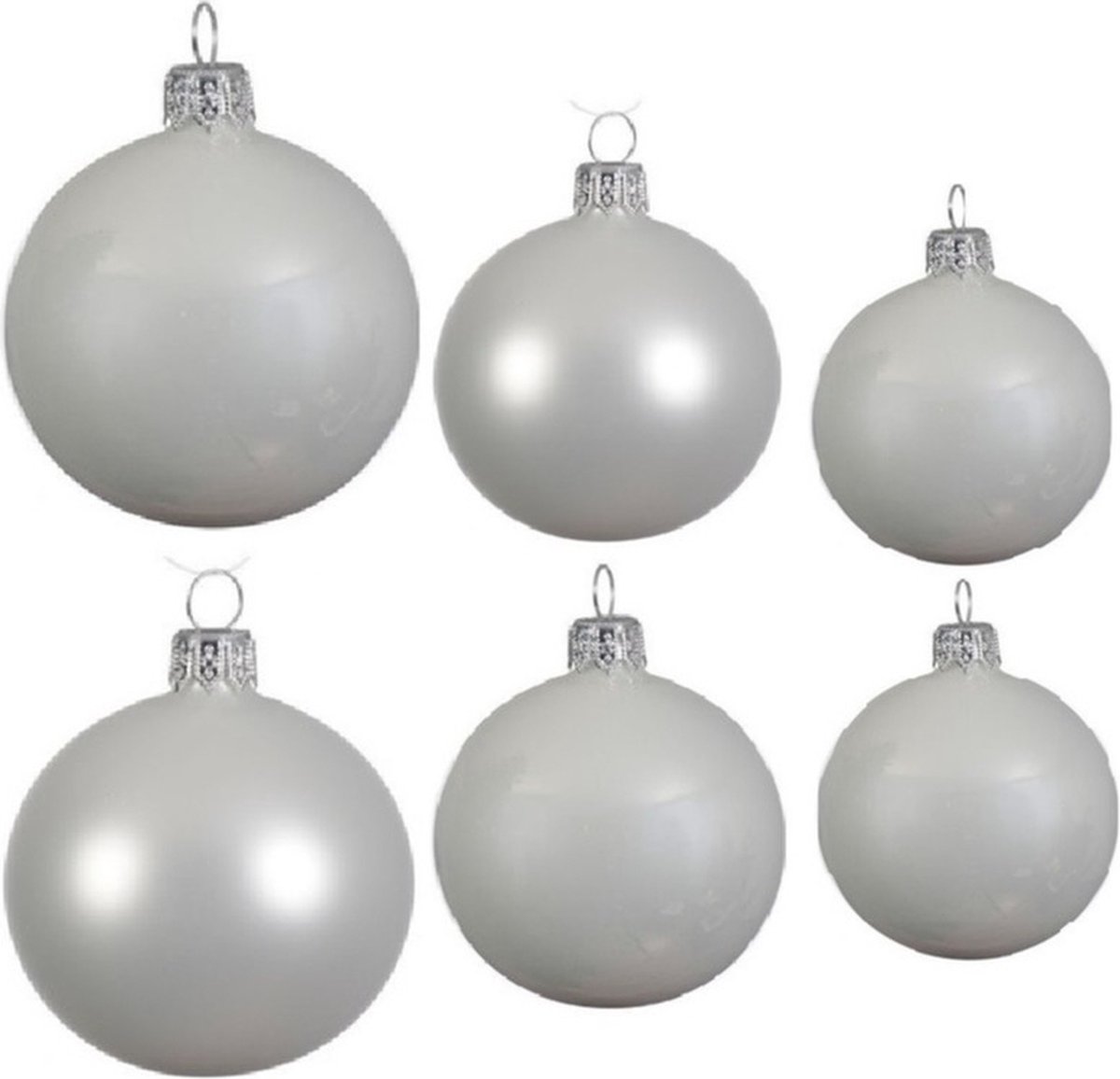 Compleet glazen kerstballen pakket winter wit glans/mat 16x stuks - 6x 6 cm - 6x 8 cm - 4x 10 cm
