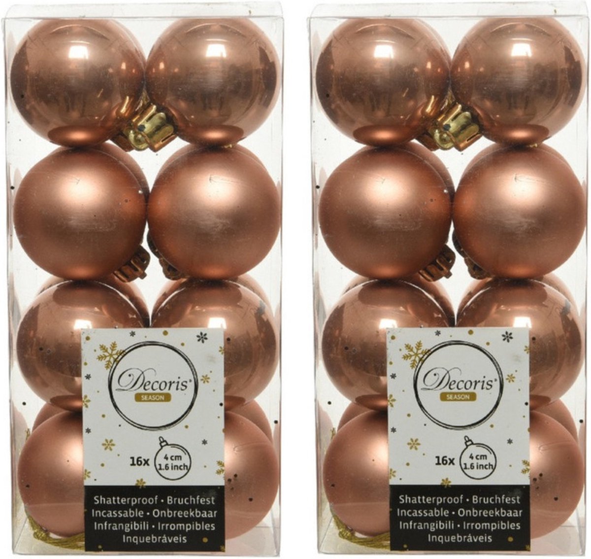Kerstballen set van 32 stuks in terra bruin, 4 cm groot, gemaakt van kunststof.