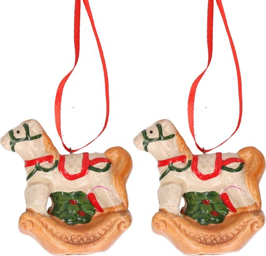 2x Kerstornamenten hobbelpaard hanger 8 cm - Kerstboomversiering/kerstboomdecoratie kersthangers