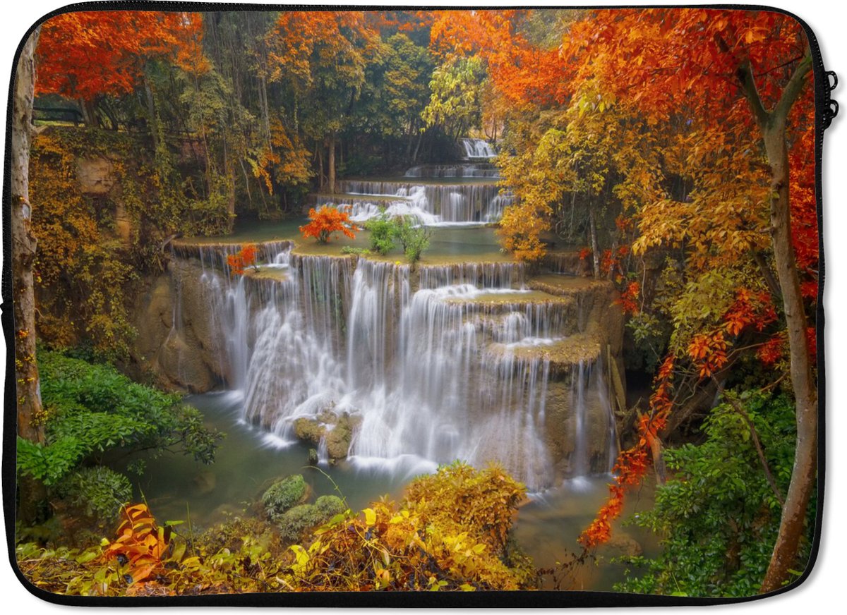 Laptophoes 14 inch - Bomen - Waterval - Herfst - Laptop sleeve - Binnenmaat 33x23 cm - Zwarte achterkant