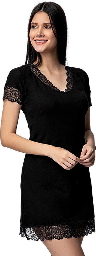 Dames Nachtjapon Tuniek Van Kant-Nachthemd Voor Dames-Cadeau Voor Dames-Zwart-XL
