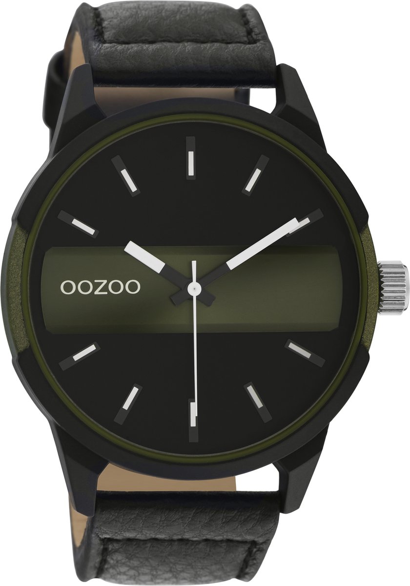 OOZOO Timpieces - Zwart-donker groene horloge met zwarte leren band - C11002
