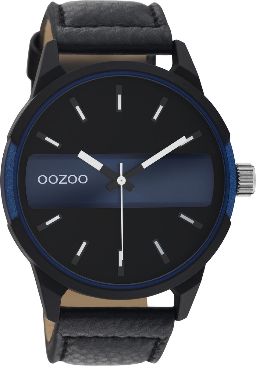 OOZOO Timpieces - Zwart/blauwe horloge met zwarte leren band - C11003