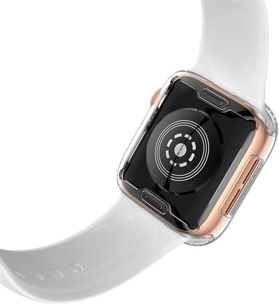 Achterkant van een Apple Watch met wit bandje en doorzichtig hoesje.