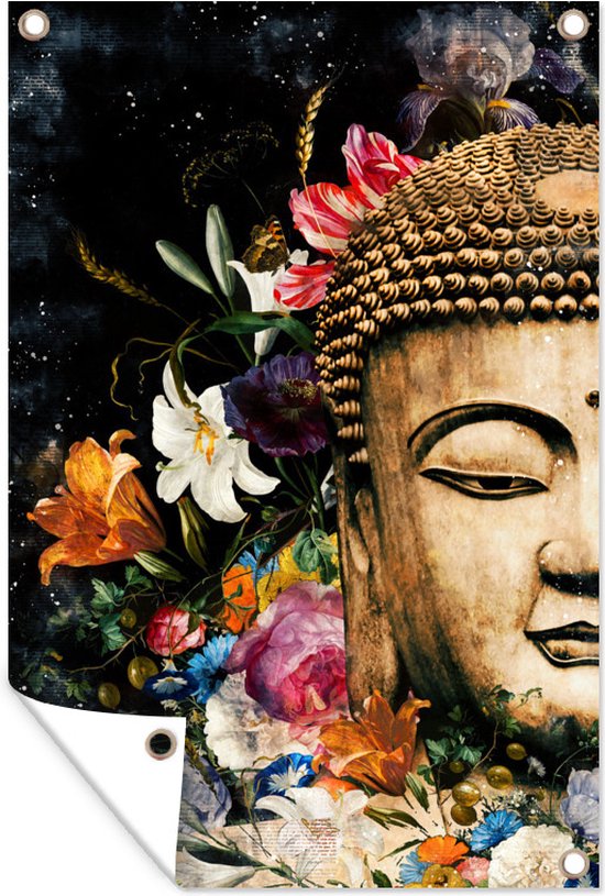 Tuindecoratie Boeddha - Bloemen - Standbeeld - 40x60 cm - Tuinposter - Tuindoek - Buitenposter
