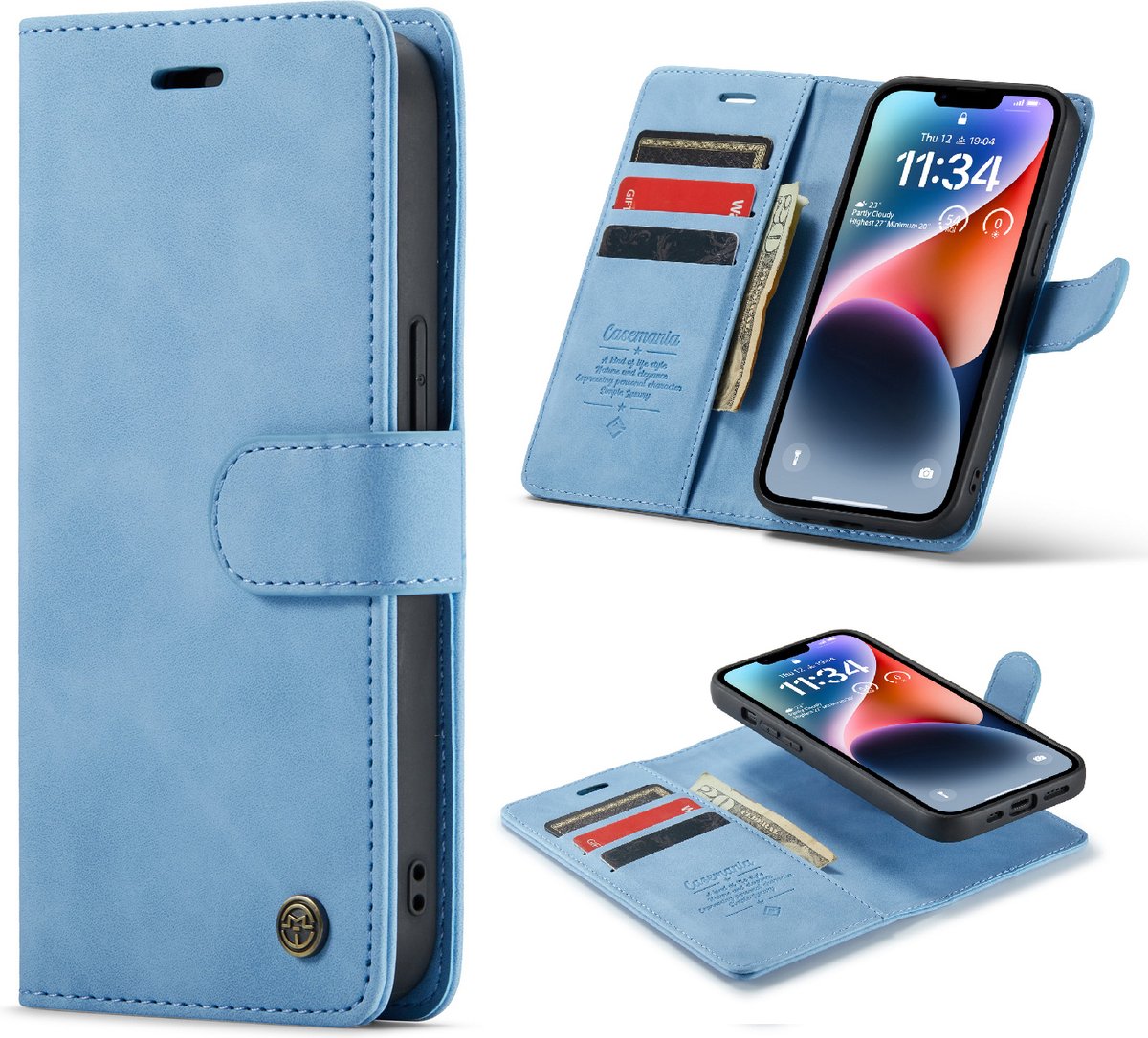 Casemania Hoesje Geschikt voor Apple iPhone 14 Sky Blue - 2 in 1 Magnetic Book Case