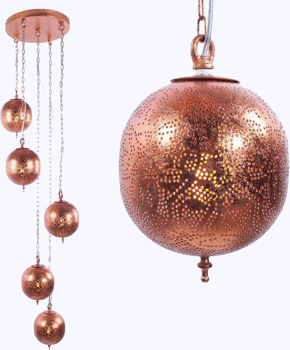 Oosterse goudkleurige hanglamp | 5 lichts | koper | metaal | Ø 15 cm | in hoogte verstelbaar tot 150 cm | eetkamer / woonkamer lamp | modern / landelijk / sfeervol design