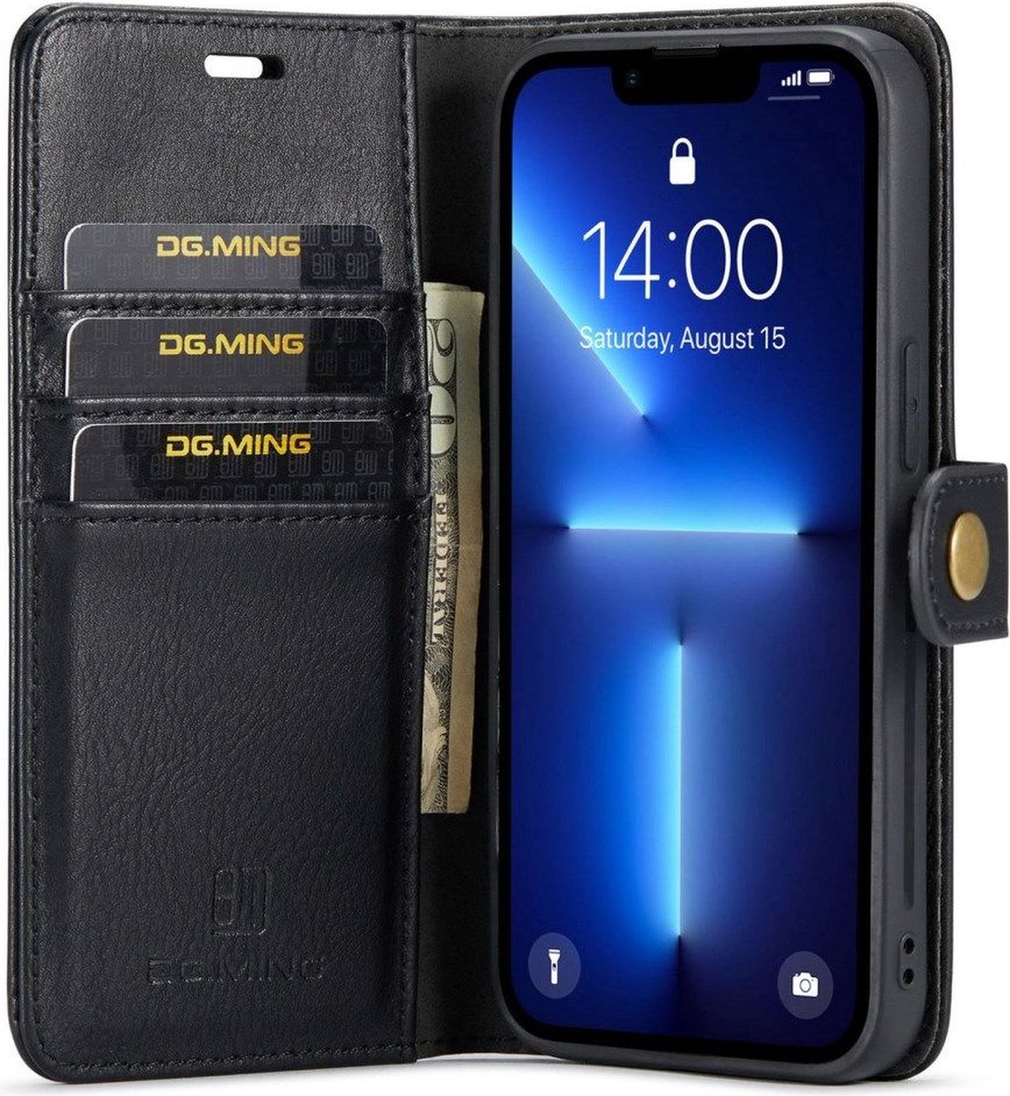 DG Ming iPhone 14 Pro Hoesje 2-in-1 Book Case en Back Cover Zwart