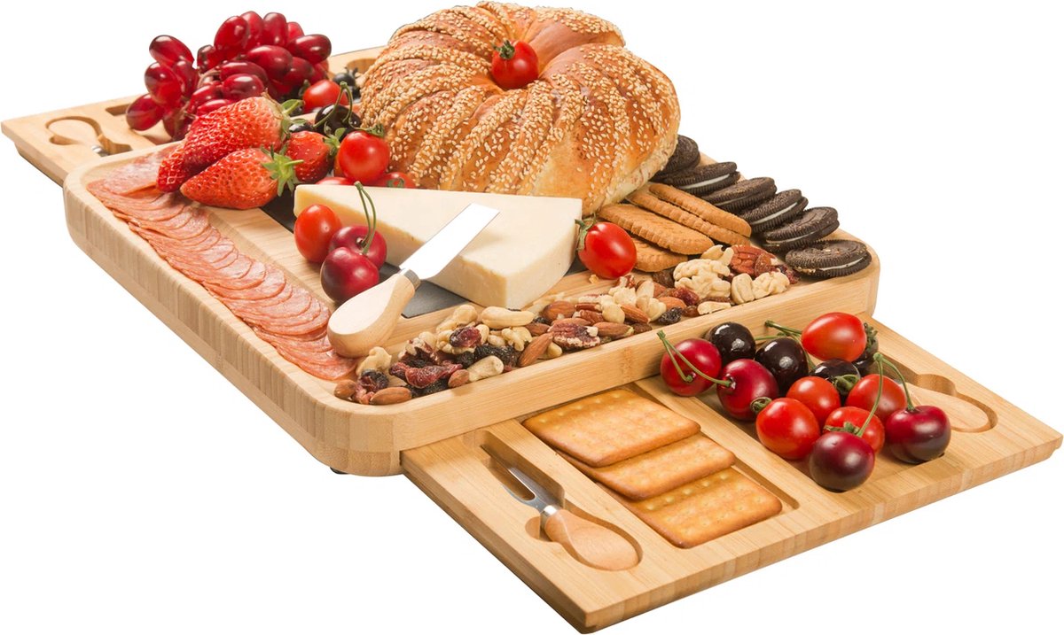 Borrelplank Bamboe - Kaasplank Met 4 Messen - Tapasplank Uitschuifbaar - Serveerplank Hout - Kaasplank Met Kaasmesjes - dienblad - Keramische Plaat — cadeau in Kookcadeaus - foto 3