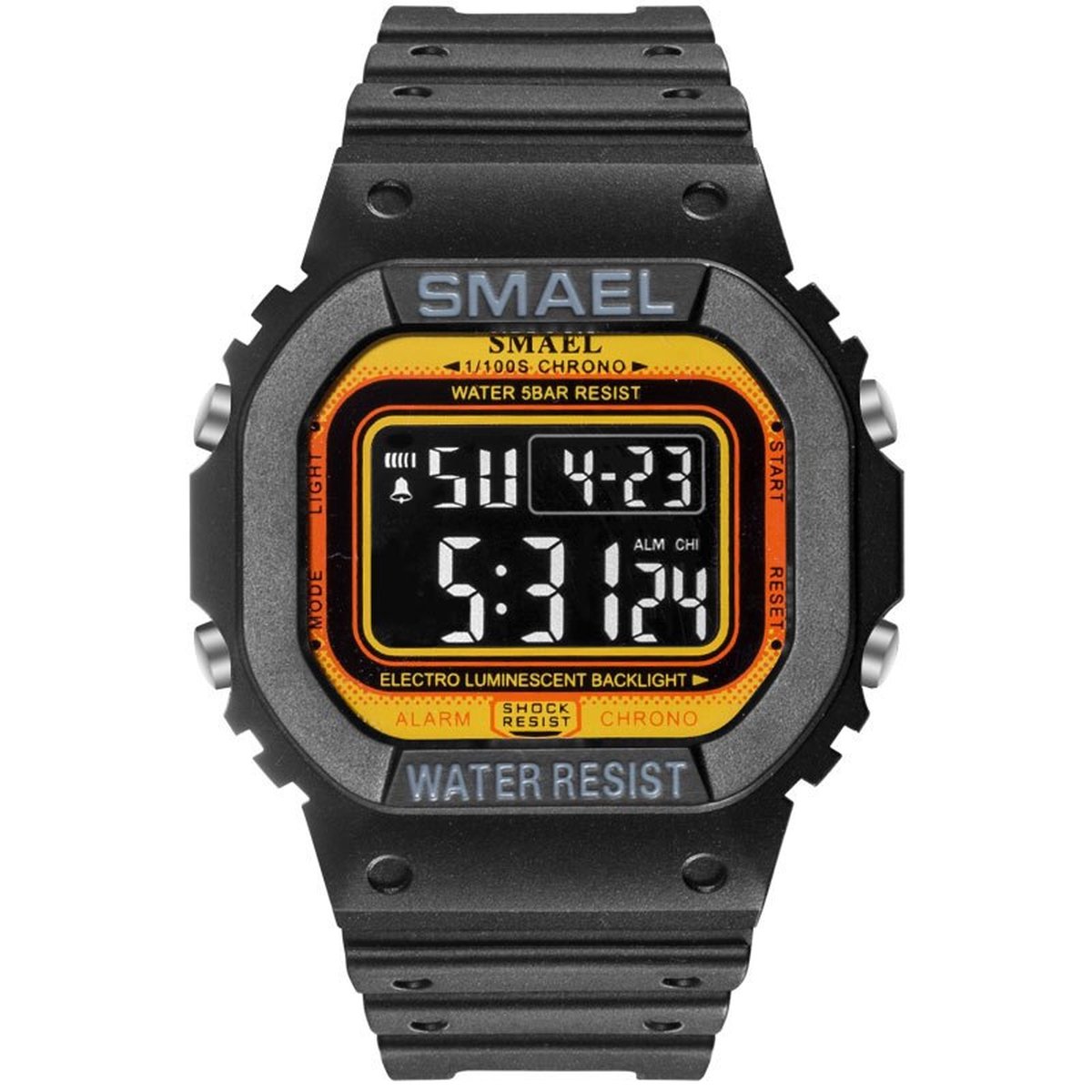 Digitaal Shockbestendig Heren Horloge Zwart Geel Rood | Retro | Smael | 1801 | Waterdicht | Glow in dark | Mud Master | Leger ARMY | Licht | Rubberen band | Timer | Eyecatcher | Master| kado
