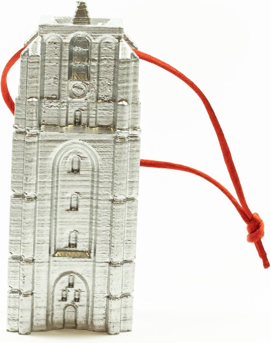 Zilverkleurige kersthanger in de vorm van de Oldehove, met rood koord.
