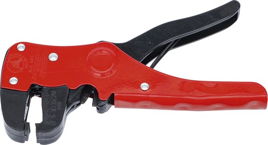 Rode en zwarte automatische striptang met grijpers en markeringen 0,5-20 mm.