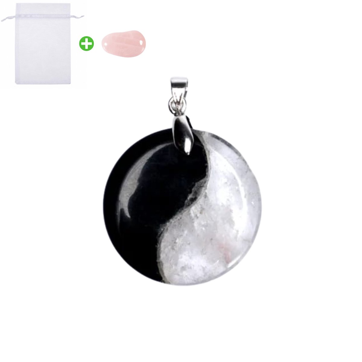 Yin Yang kettinghanger in zakje - Obsidiaan / Bergkristal - Edelsteen hanger voor ketting - Edelstenen sieraden