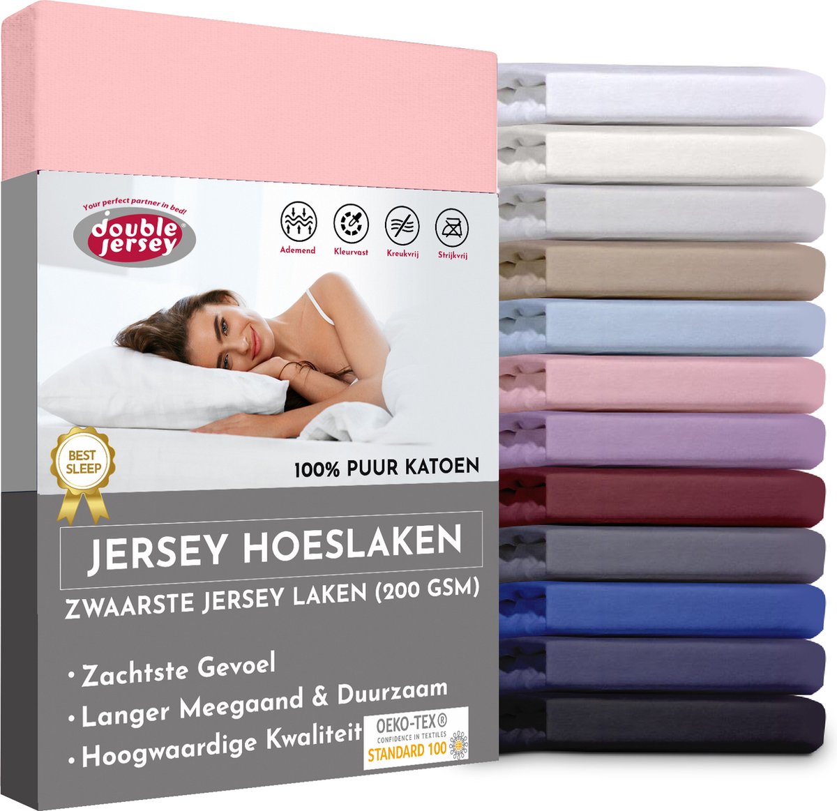Double Jersey Hoeslaken - Hoeslaken 200x200+30 cm - 100% Katoen Roze