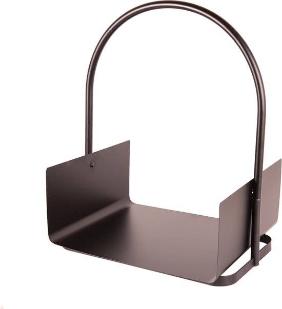 Zwarte, metalen houtmand met een gebogen handvat en open zijkanten.