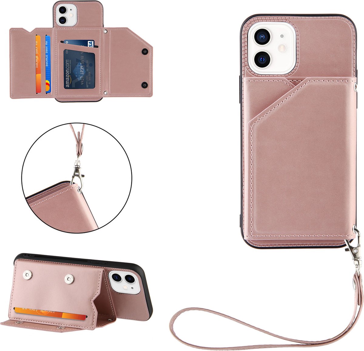 BukkitBow - Luxe Leather Case - Kunstleer - Card Case - Hoesje voor Apple iPhone 12/12 Pro - Met Pasjes Houder & Knoop Sluiting - Met Koord - Rosegoud