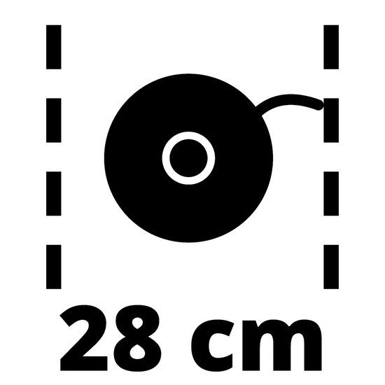 Zwart-wit icoon: draadspoel met 28 cm maaidiameter.