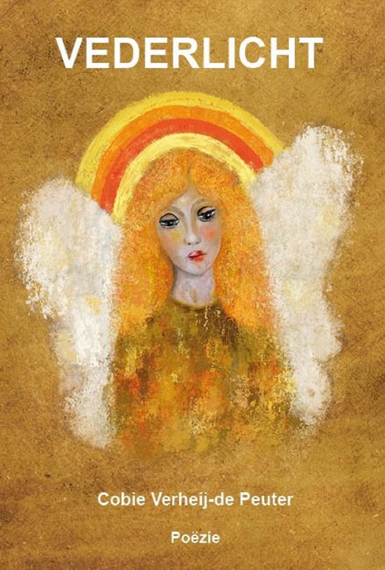 Boek "Vederlicht" met een illustratie van een engel met oranje haar, witte vleugels en een regenboog boven haar hoofd.