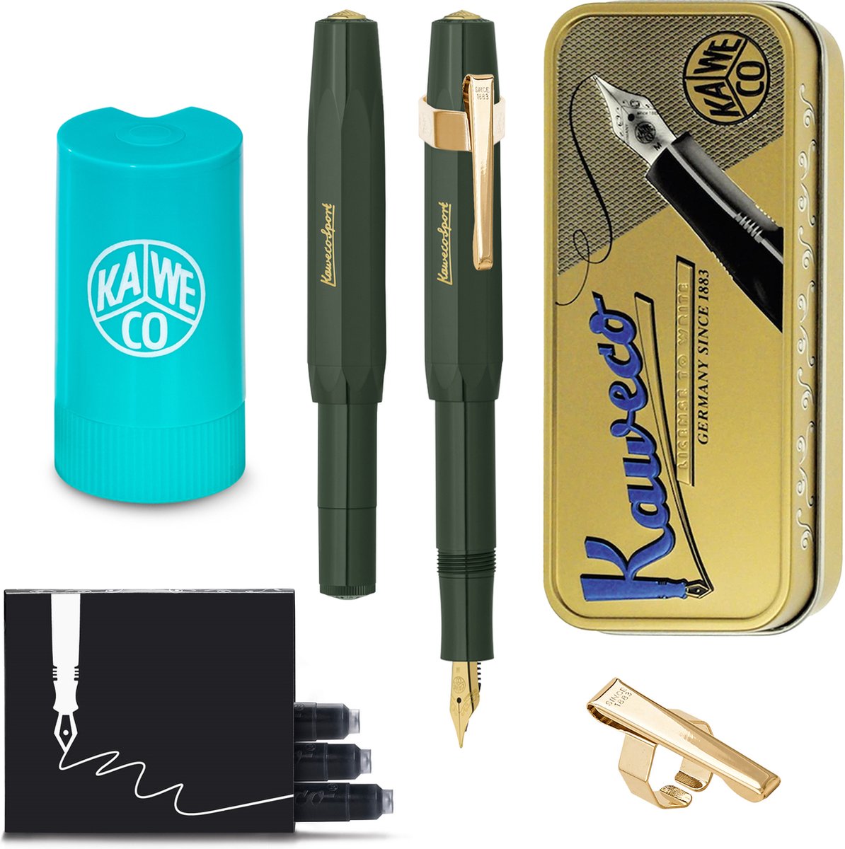 Kaweco - Cadeauset - (5delig) - Vulpen CLASSIC SPORT GROEN Fountain Pen - Extra Breed - Vintage blikje - Oktogonal Clip Vergoldet - Patronen houder TURKOISE - Vullingen