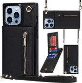 Geschikt Voor iPhone 14 Pro Max Hoesje Met Koord - Solidenz Portemonnee Hoes - Telefoonhoesje Met Koord 14 Pro Max - Wallet Case - Cover Hoes Met Koordje - Backcover Met Koord 14 Pro Max - Zwart