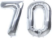 Folie Ballon Cijfer 70 Jaar Zilver Verjaardag Versiering Helium Cijfer Ballonnen Feest versiering Met Rietje - 86Cm